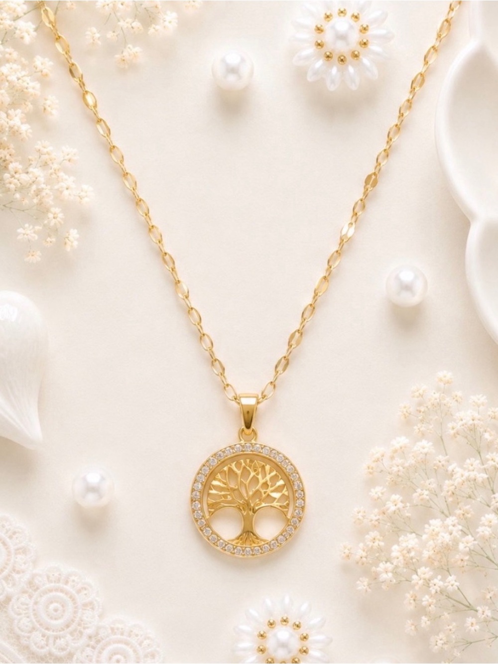 Gold Plated Tree of Life Round Charm Pendant Necklace-NWOT